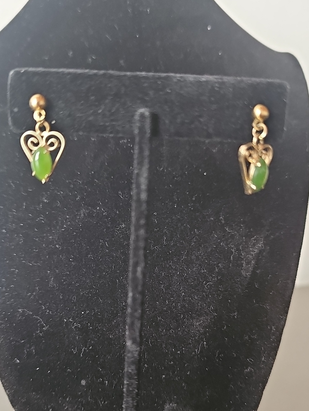 Vintage Avon Gold Heart Drop Pierced Earrings with Green Stone